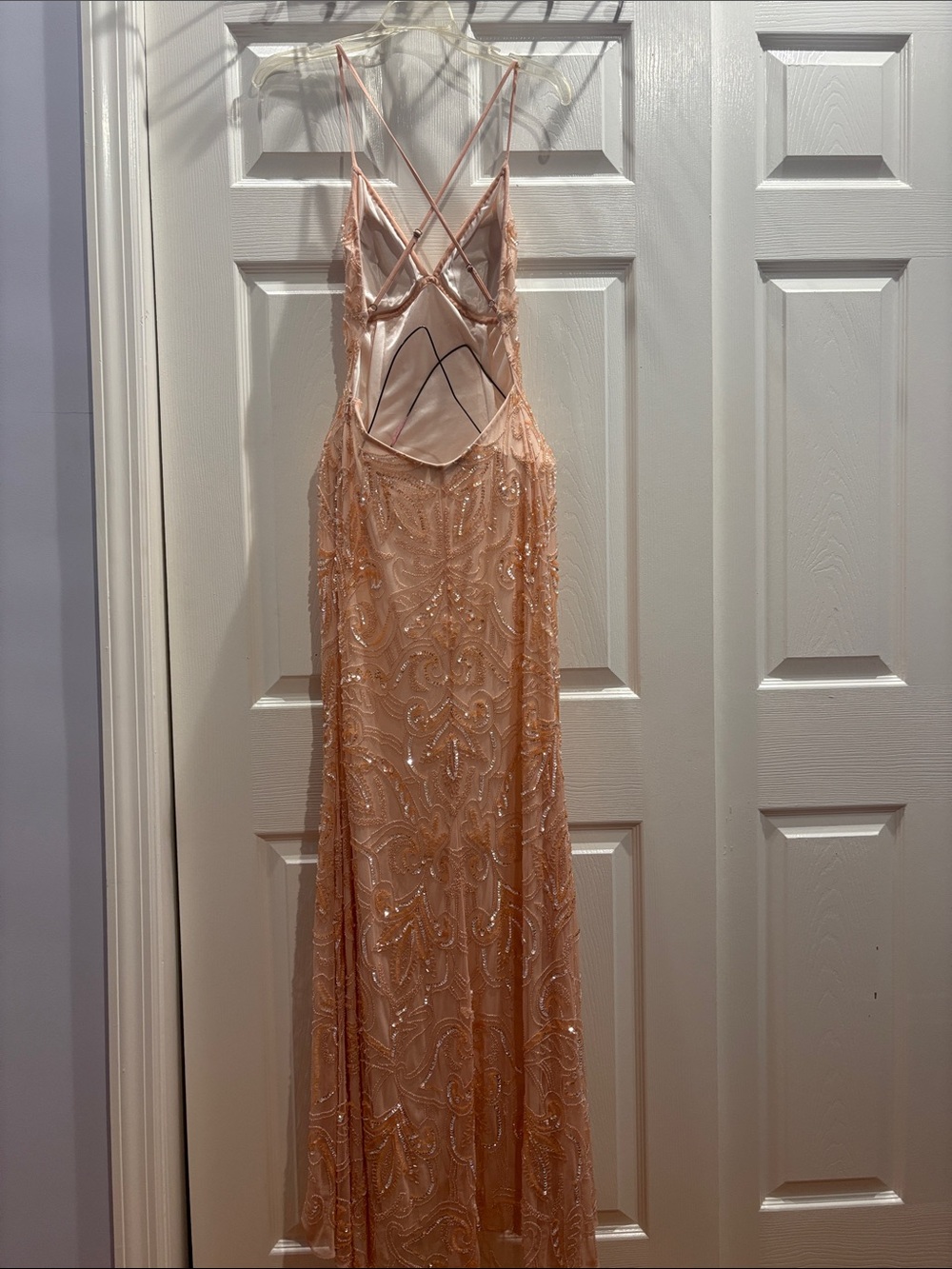 Scala Peach Beaded Spaghetti Strap Prom Dress - Picture 8 of 8